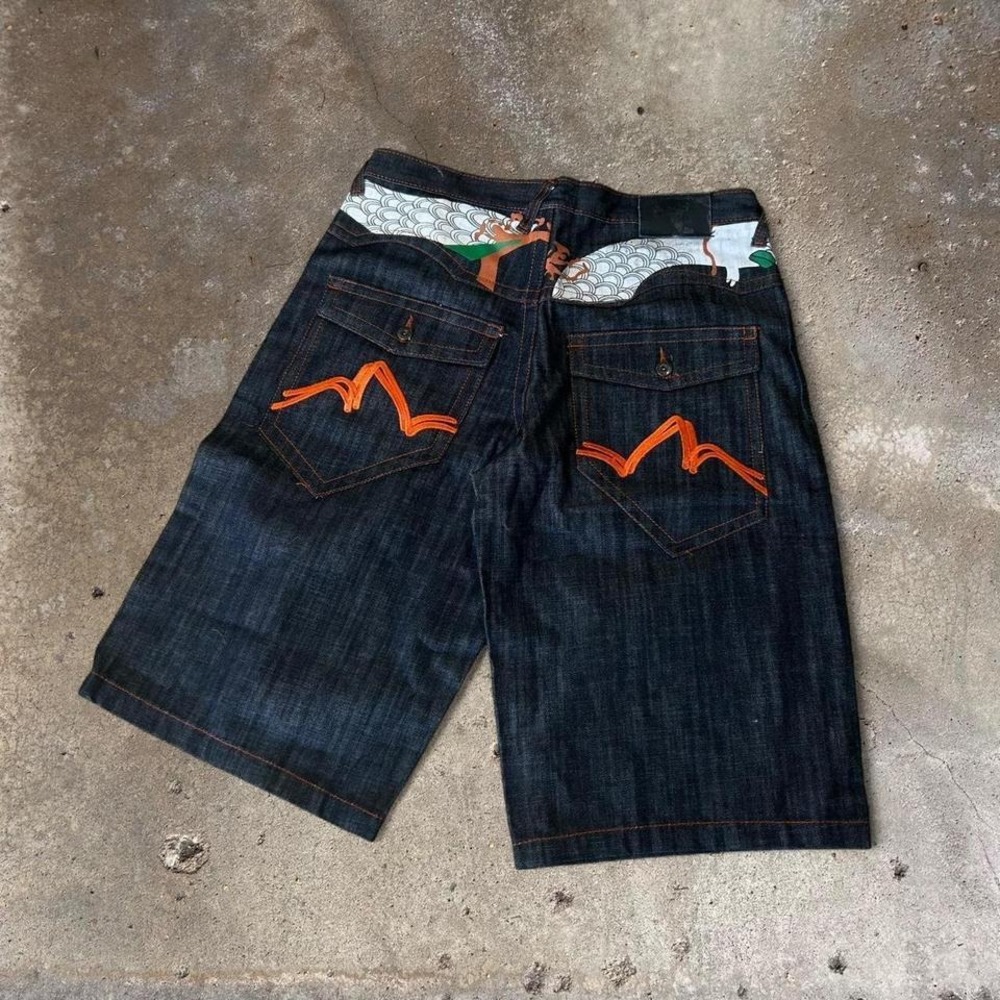 Refuse Life Style Denim‎ Baggy Jorts Men 36 Dark Wash Orange Embroidered Y2K 90s